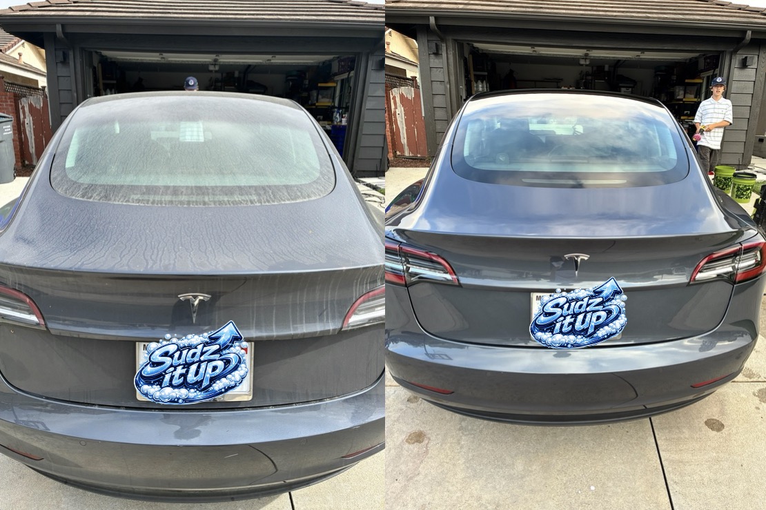 Tesla Model 3 before and after a Sudz It Up detail — water spots and grime removed for a deep, glossy finish